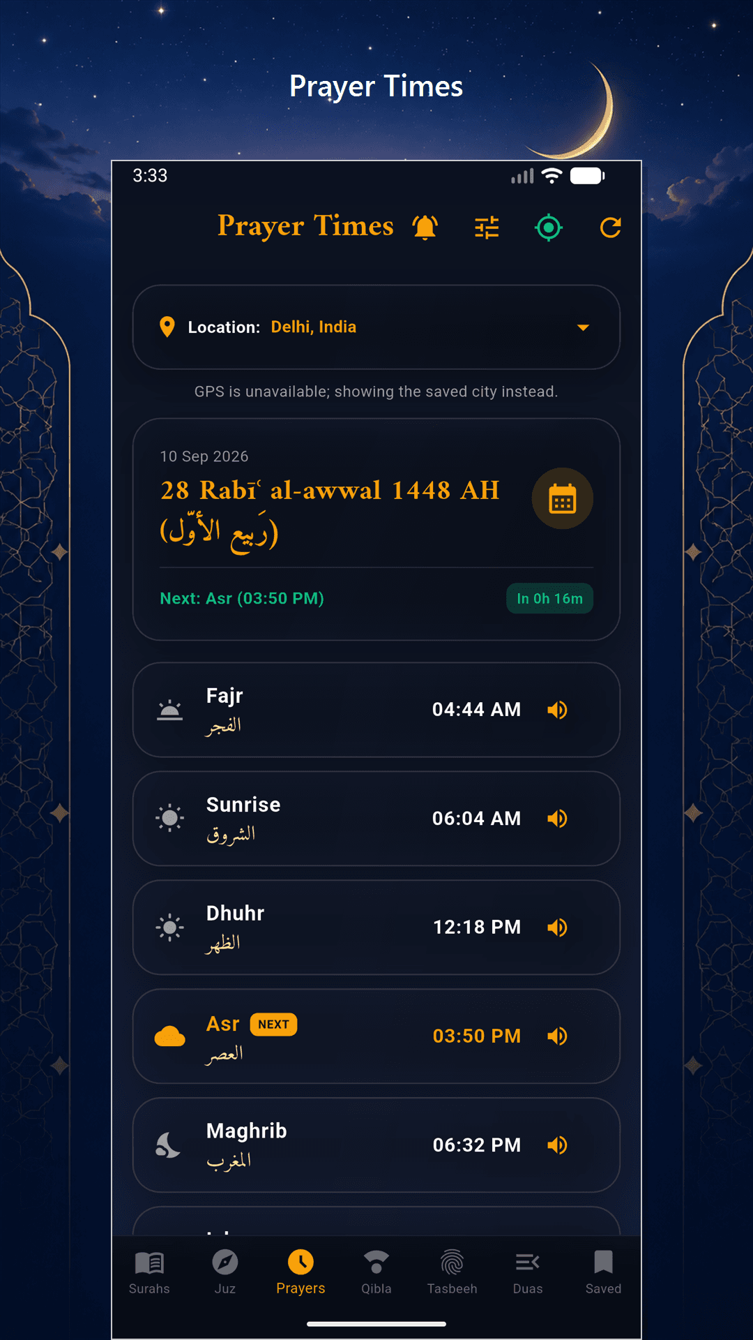 View daily Islamic prayer times for your selected location, with Hijri date, prayer alerts and a live countdown to the next Salah.